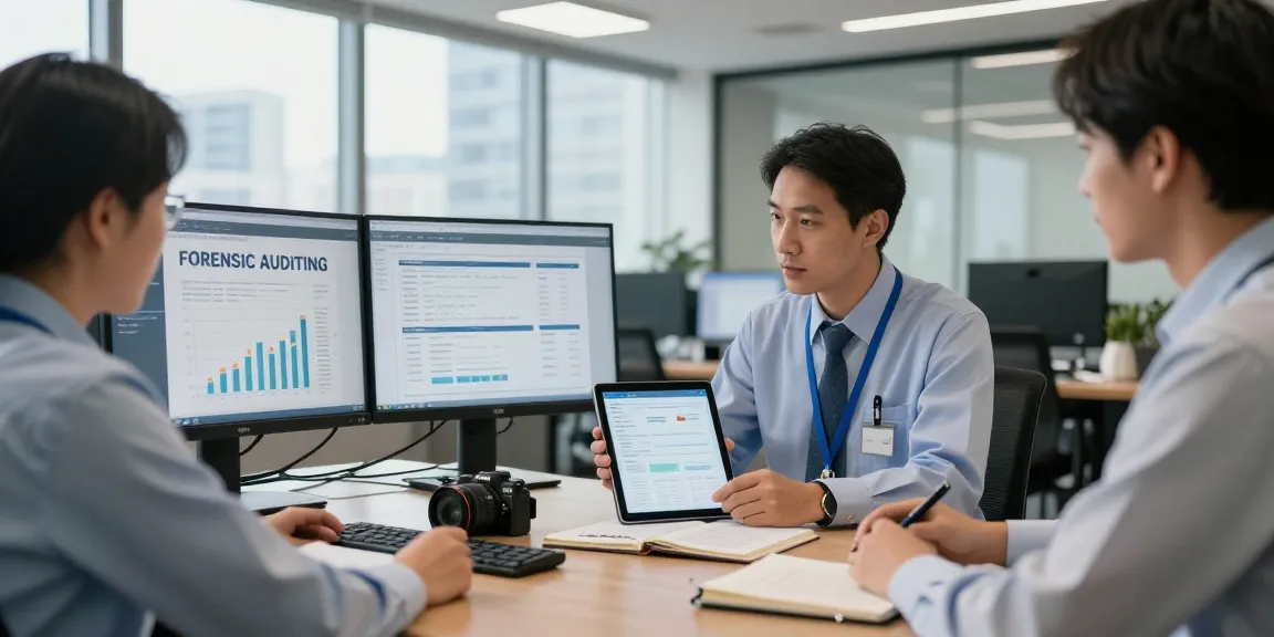 Proses audit forensik di aafikotacirebon.org dengan auditor yang sedang menganalisis data di kantor modern.