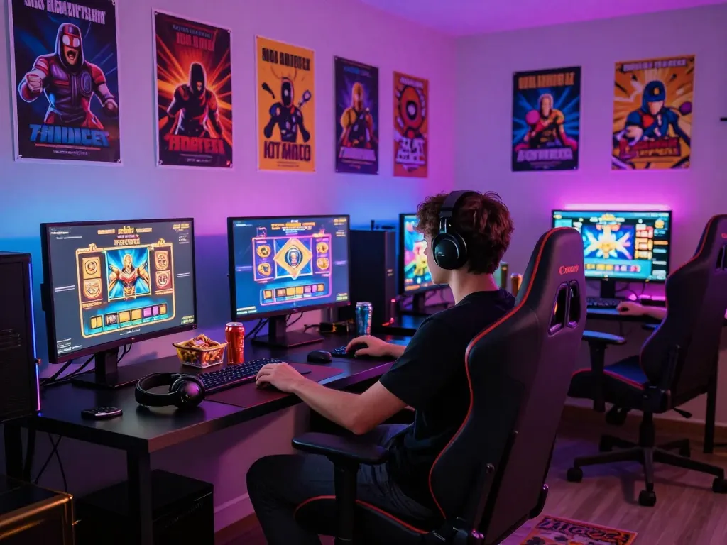 Sesi permainan situs slot gacor menunjukkan seorang pemain yang terlibat dalam pengaturan permainan online yang penuh warna dan menarik.