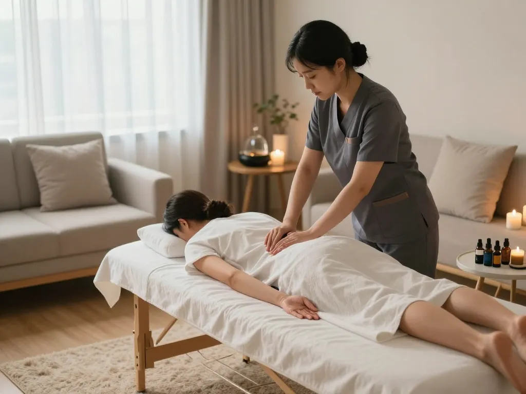 서울출장마사지 in a calming home environment with a professional therapist and client offering a soothing experience.