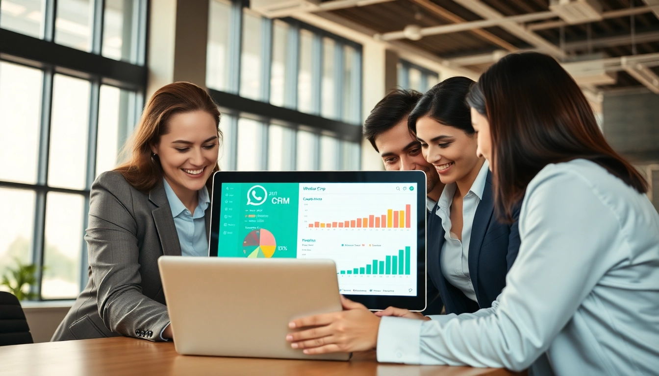 Enhance your efficiency with WhatsApp Business CRM in a vibrant, interactive office setting.