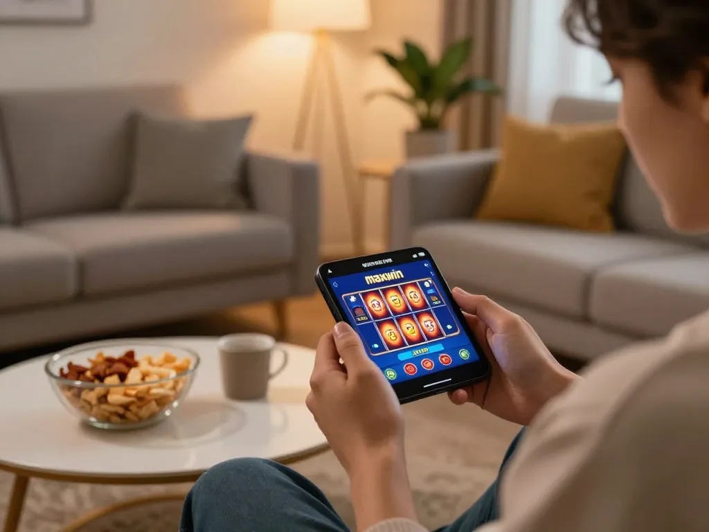 Playing slot gacor maxwin on a smartphone in a cozy home setting, showcasing mobile gambling.
