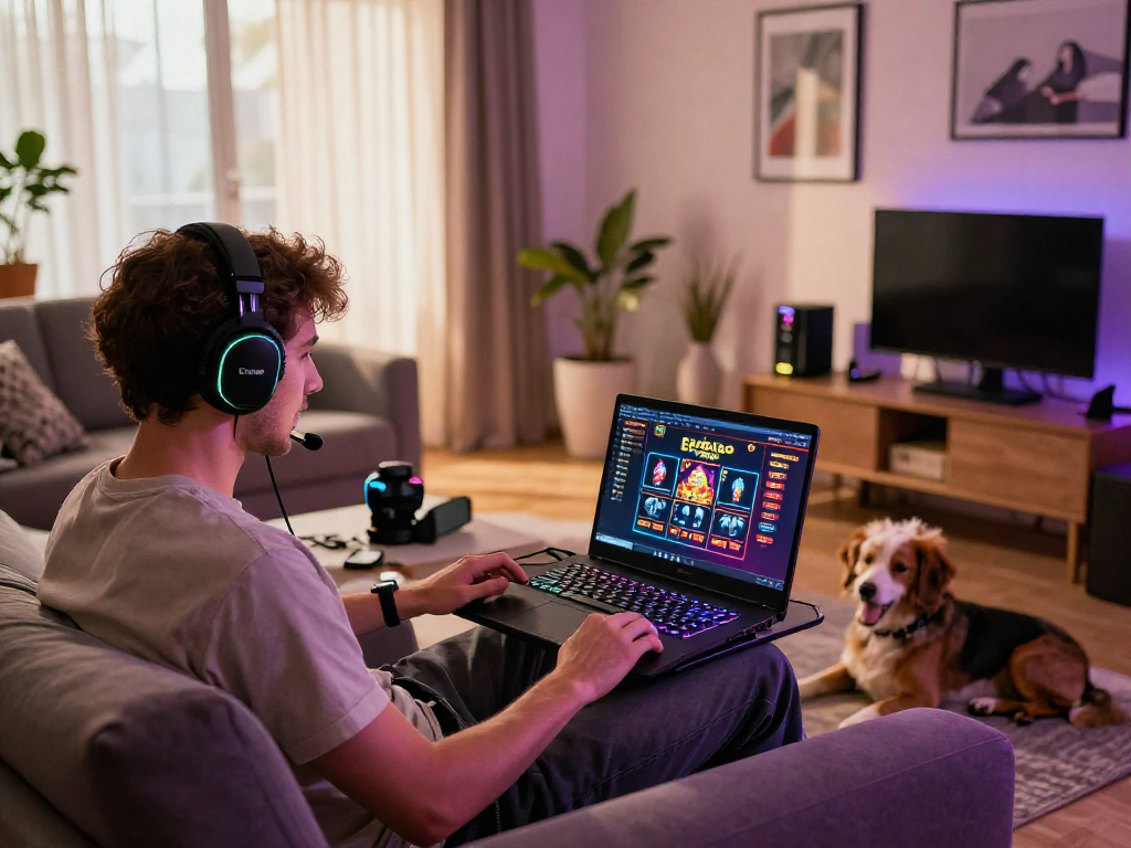 Engaging player exploring online euro casinos on a laptop in a modern home.