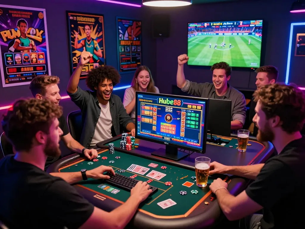 TIN TỨC hubet88 friends celebrating a big online gambling win with vibrant games displayed on screen.