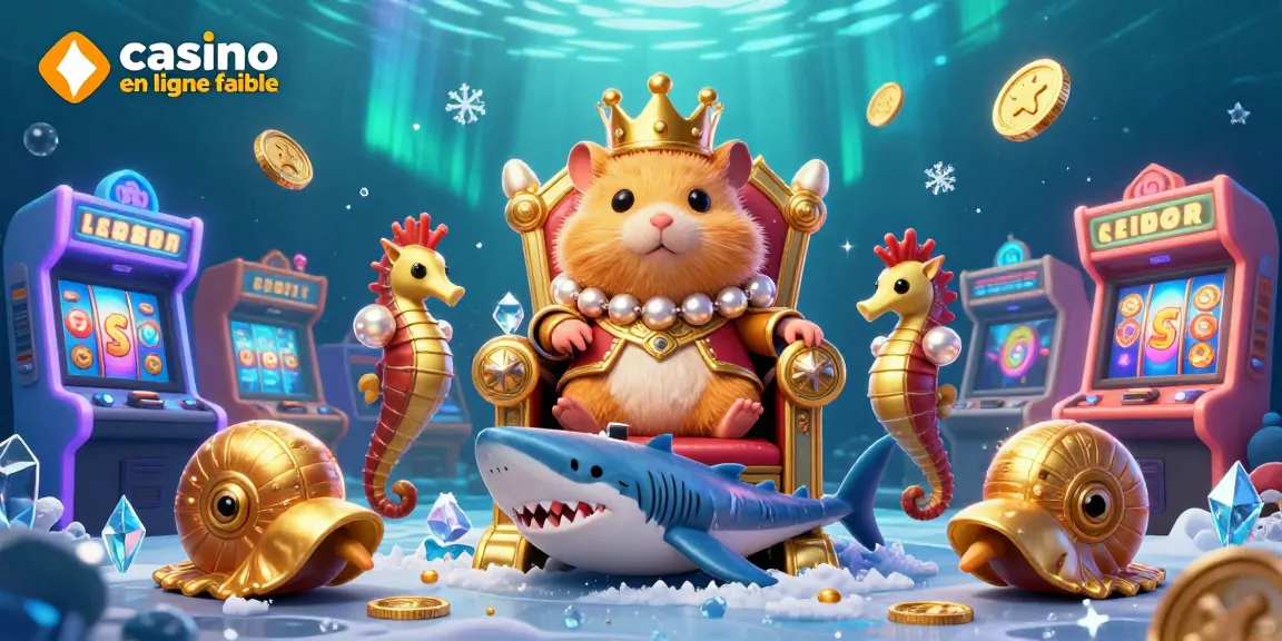 Découvrez le roi hamster sur son trône de dent de requin mégalodon au casino en ligne fiable, entouré de gardes hippocampes.