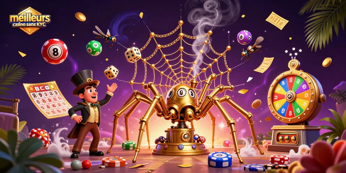 Visualisez les meilleurs casinos sans KYC avec une araignée en or et des éléments de jeu vibrants.