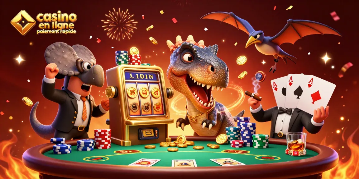 Jackpot sur un casino en ligne paiement rapide avec des personnages de dinosaures célébrant