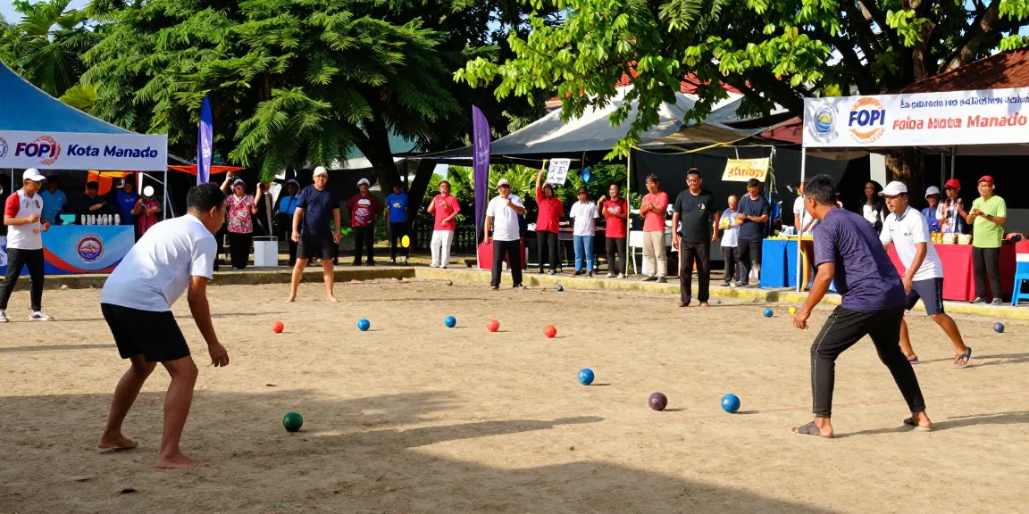 Aktivitas turnamen petanque di fopikotamanado.org dengan pemain dan penonton bersemangat.