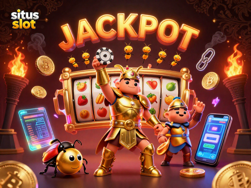 Gambarkan situs slot dengan simbal jackpot, slot reels, dan karakter menarik