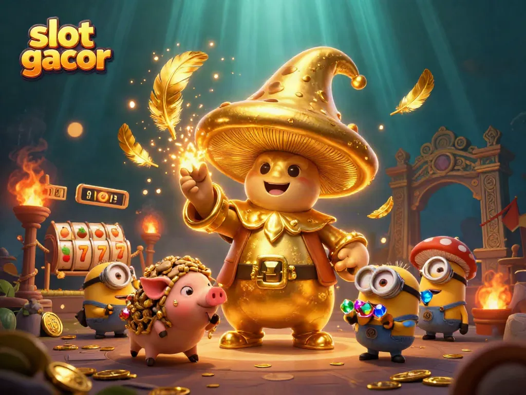 Slot gacor: Ilustrasi 3D kartun dengan penyihir jamur dan simbol permainan kasino.
