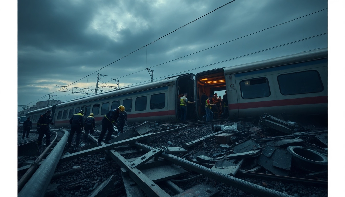 Dramatic scene showcasing the aftermath of a spain train crash with emergency responders assisting.