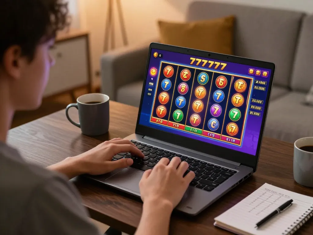 Engaged player spinning the reels on slot777 game at home, showcasing responsible gaming.