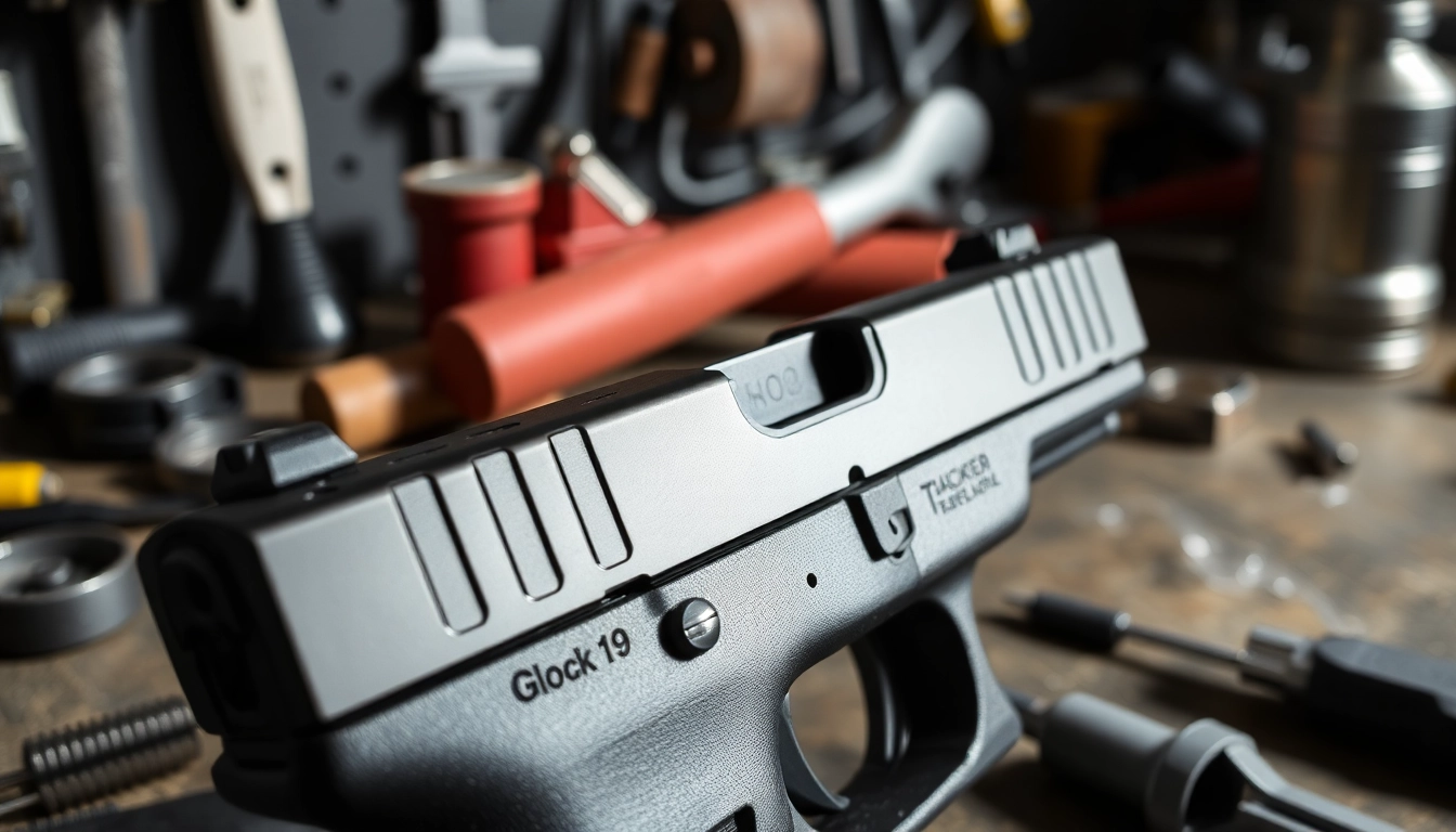 Showcase of a glock 19 slide mos emphasizing its precision and details in a workshop setting.