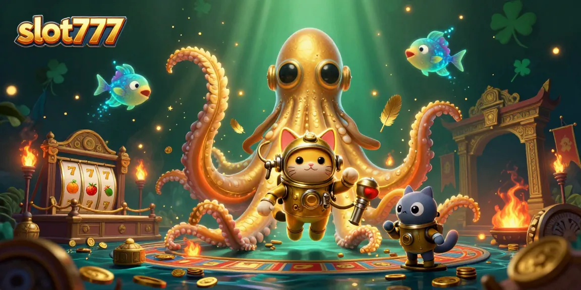 Engage in thrilling gameplay with slot777 while witnessing a majestic kraken and diving cat amidst a treasure-filled scene.