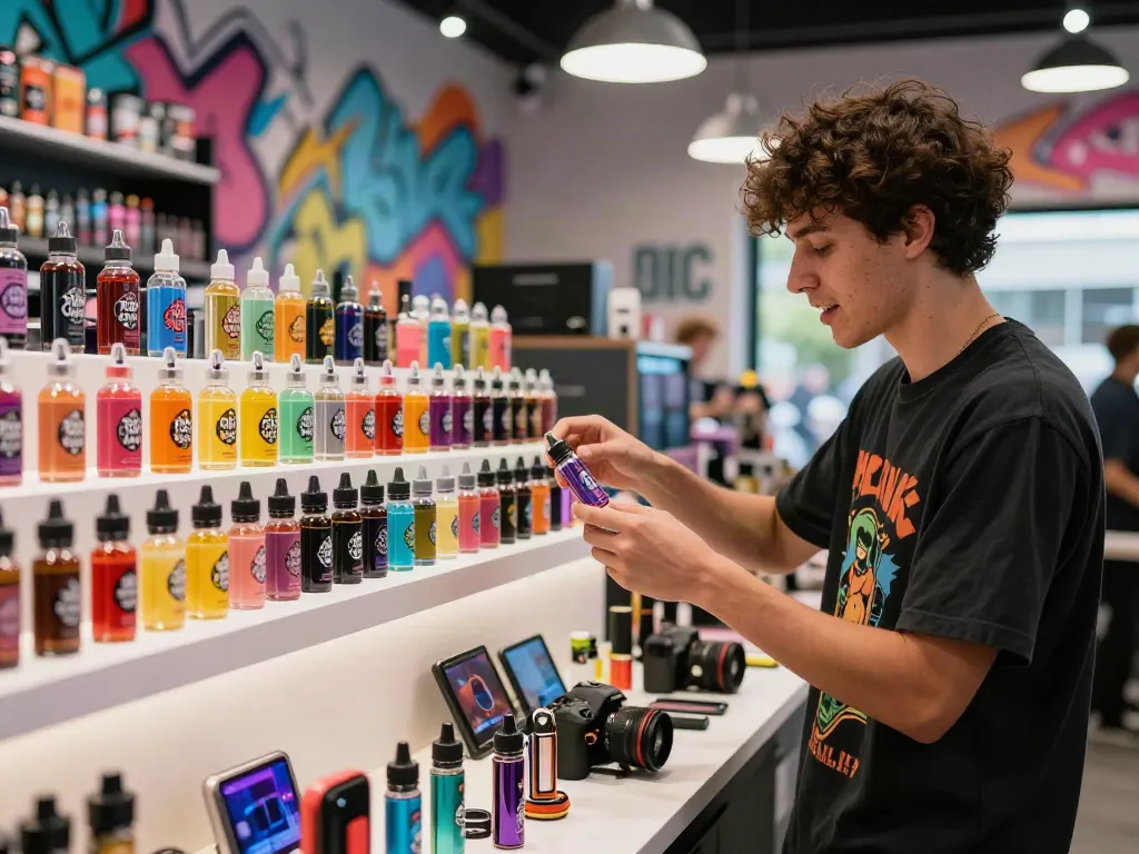 Pop Clouds butterscotch e-liquid bottles in a vibrant vape shop scene, filled with colorful candy flavors.