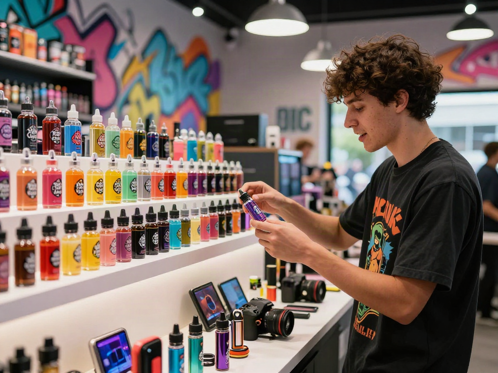 Pop Clouds butterscotch e-liquid bottles in a vibrant vape shop scene, filled with colorful candy flavors.