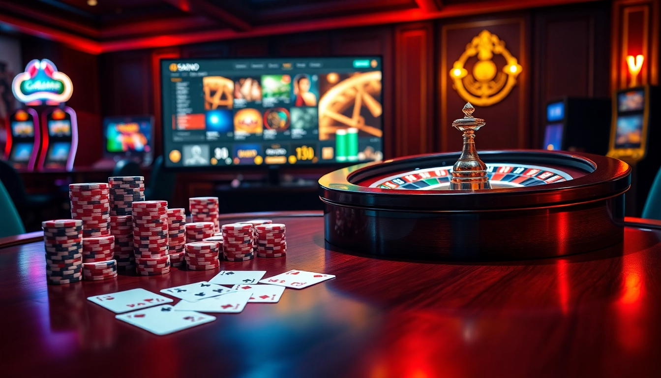Scène de jeu en ligne captivante avec des jetons de poker et une roulette, mettant en avant le casino en ligne France.