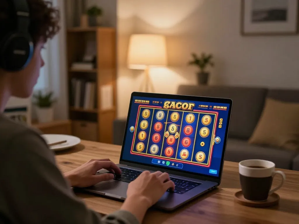 Playing slot gacor on a laptop in a cozy setup, showcasing vibrant gameplay and warm ambiance.