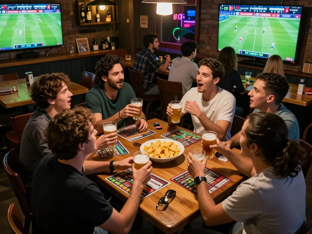 Friends eagerly discussing Kết quả bóng đá at a sports bar, enhancing their betting experience