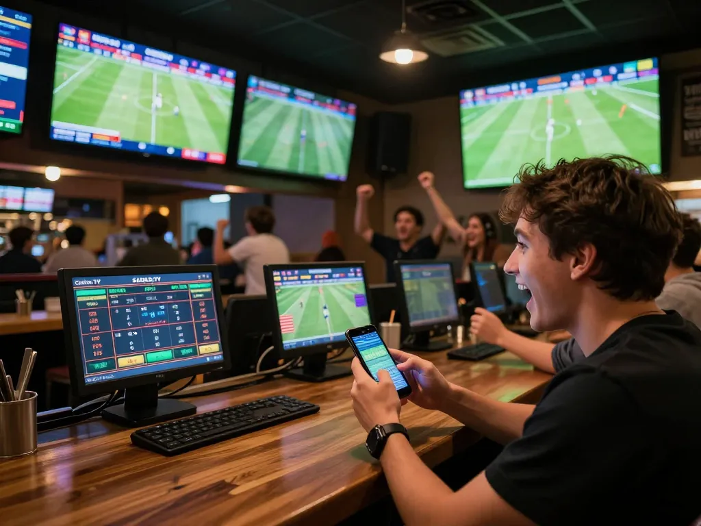 Cakhia TV users enjoying live sports betting action in a lively sports bar atmosphere