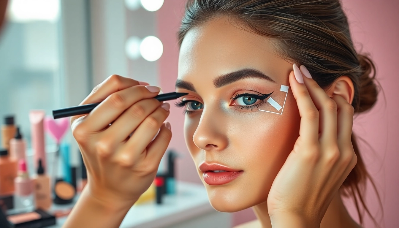 Eyeliner stencil applied by a makeup artist on a model, showcasing precision and beauty.