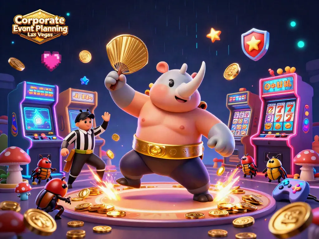Experience Corporate Event Planning Las Vegas with a vibrant illustration of a beetle sumo champion amidst casino elements