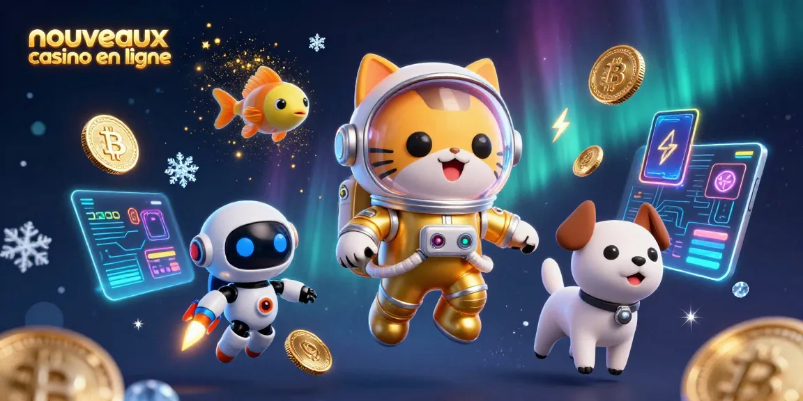 Jouez sur un nouveau casino en ligne avec cette illustration captivante d'un chat astronaute et d'un chien robot.
