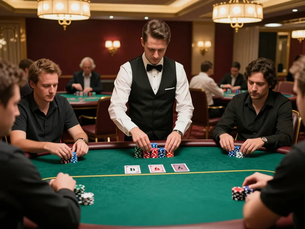 Pemain merencanakan strategi di ruang poker yang cerah di kasino paris888, dikelilingi oleh chip berwarna-warni dan permainan yang intens.