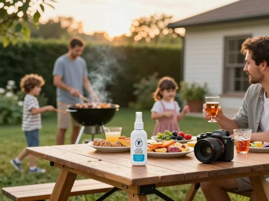 Family enjoying an outdoor barbecue with mosquito repellent options visible for protection.