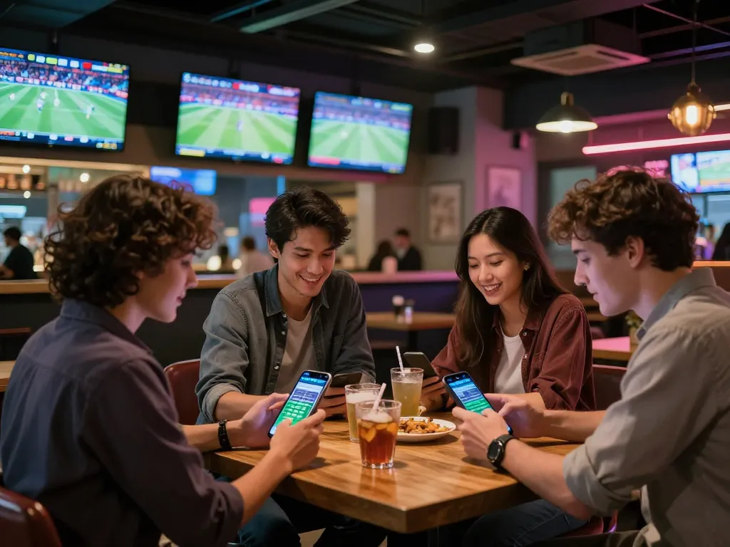 Friends using hb88 app to place bets while enjoying live sports at a vibrant sports bar