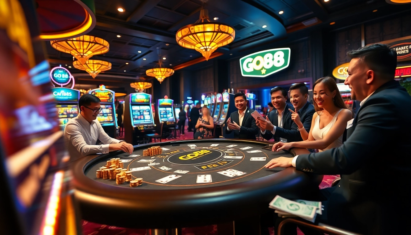Players celebrating their wins at the GO88 casino table, showcasing excitement and luxury in gambling.