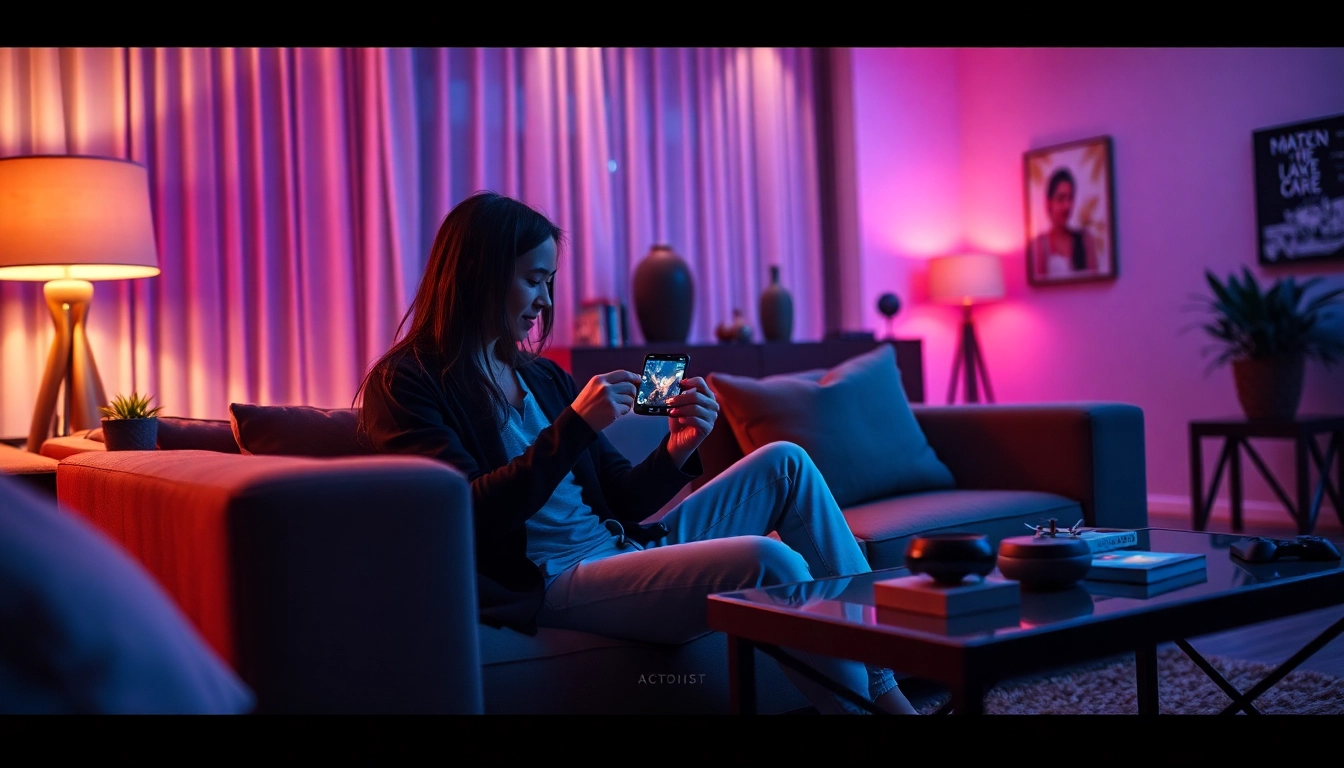 Engaging scene of a mobile porn game experience in a cozy living room, showcasing excitement and intimacy.