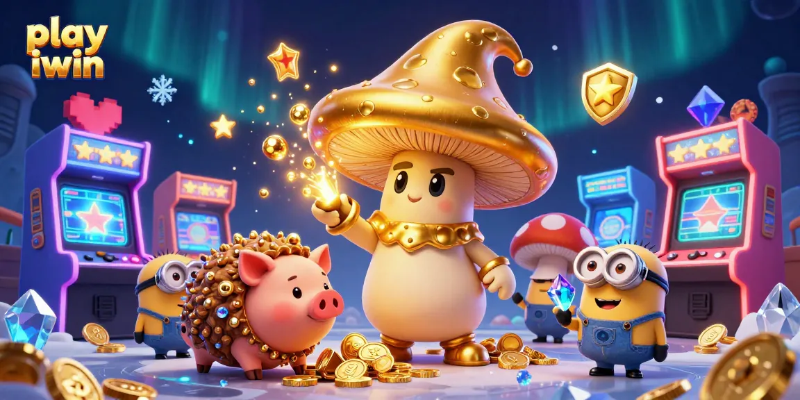 Play iwin with the magical golden wizard and treasure-hunting pig in a vibrant gaming scene.