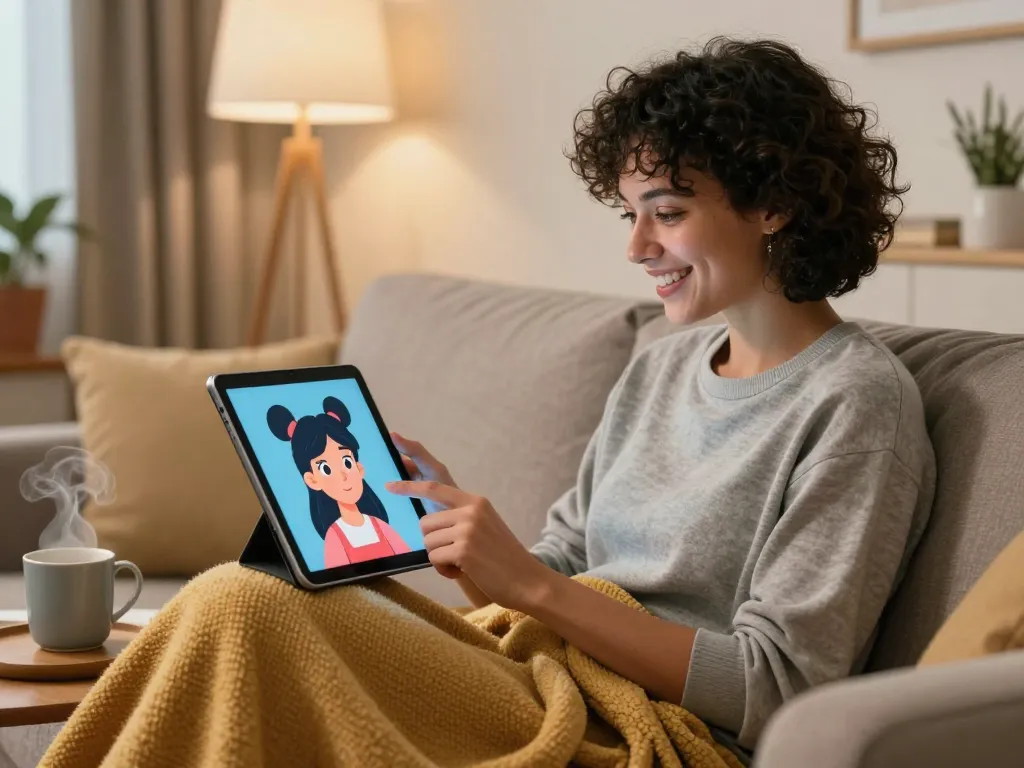 Person enjoying ai girlfriend chat on tablet in cozy setting.