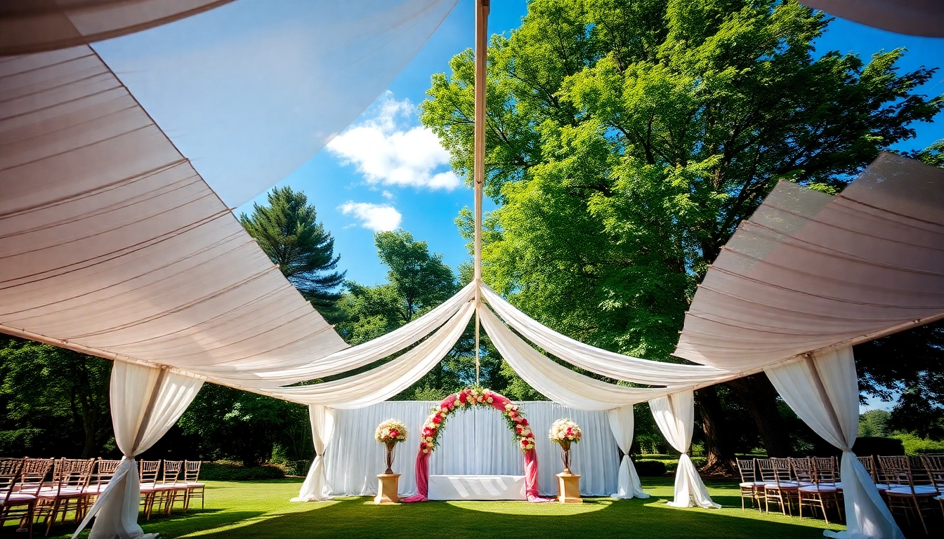 Stunning tent rentals enhancing an outdoor wedding atmosphere with floral decor.