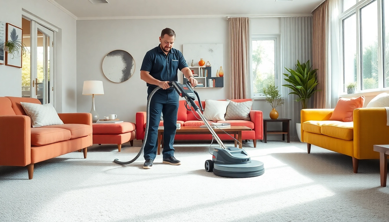 Technician in a carpet cleaning business actively cleaning a vibrant carpet in a modern living room.