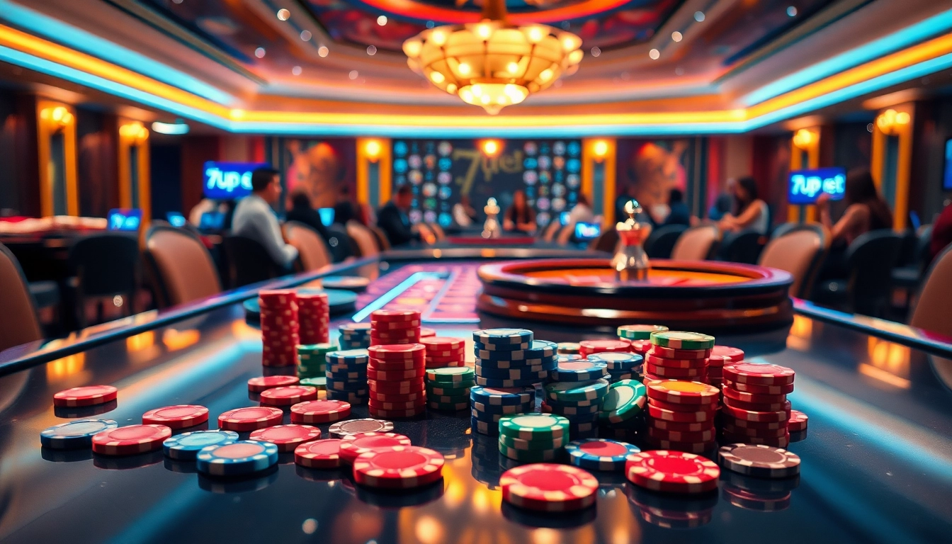 Experience the excitement of 7upbet with vibrant casino tables, betting chips, and a thrilling poker game.