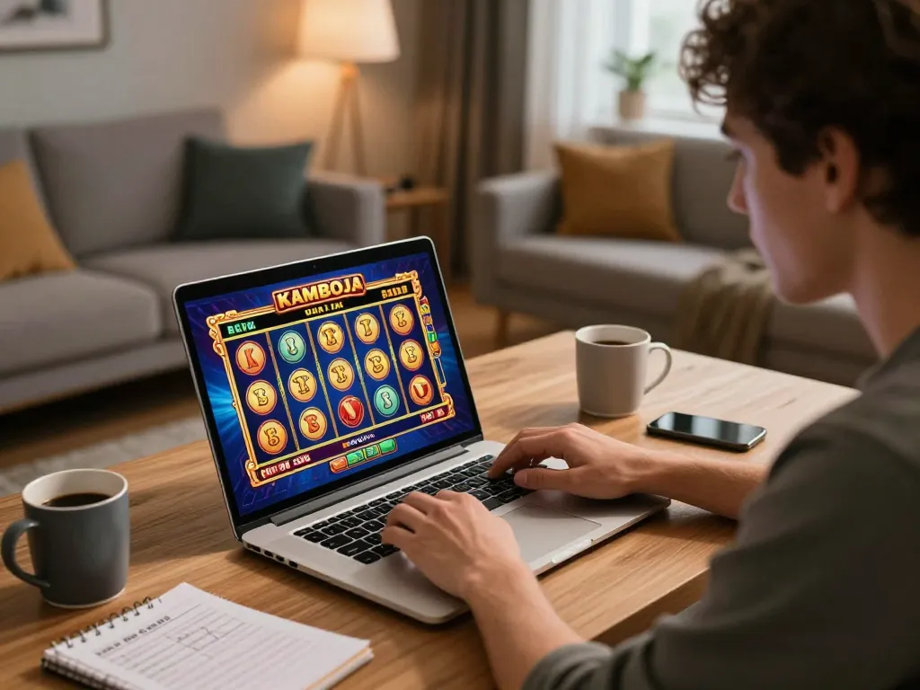 Playing slot kamboja on a laptop at home, showcasing an immersive online gaming experience with strategic focus.