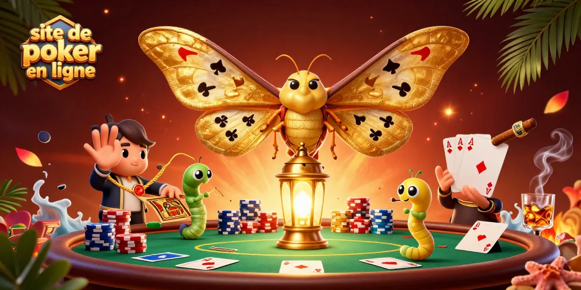 Poker en ligne captivant sur un site de poker en ligne, avec des éléments dynamiques et colorés de casino autour des personnages.