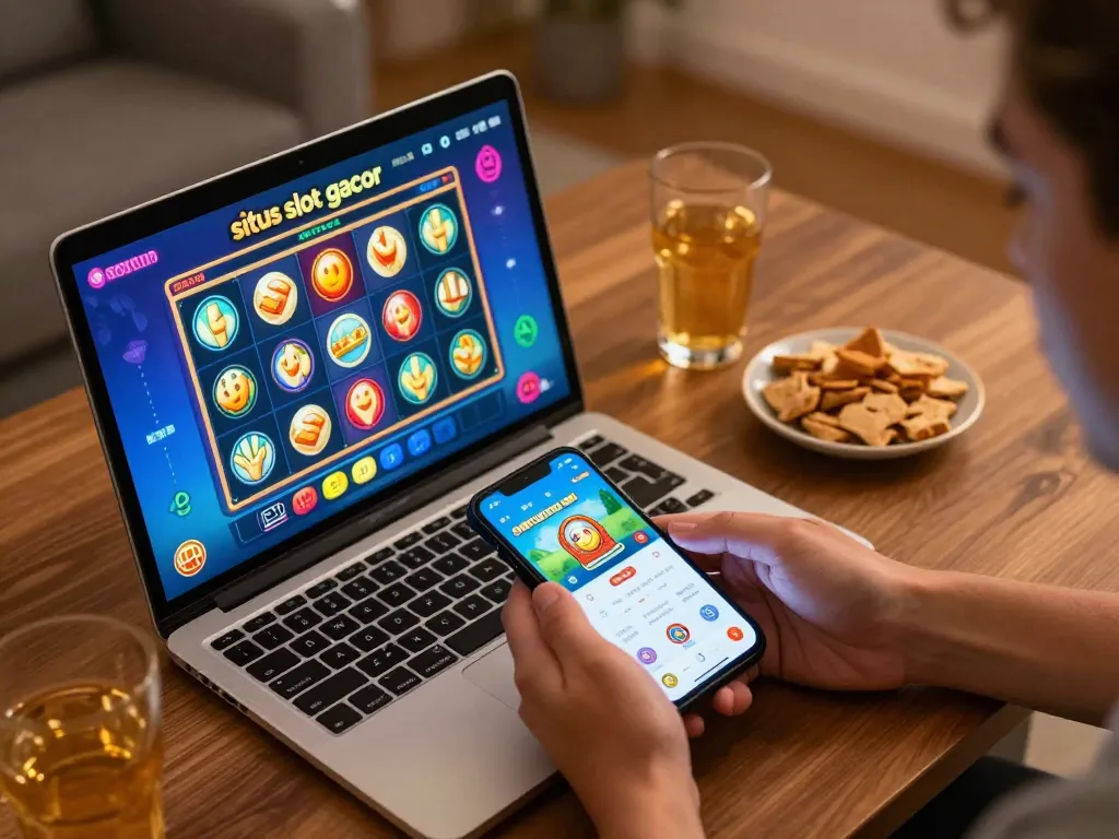 Playing situs slot gacor on a laptop in a cozy home setting, enjoying online gambling