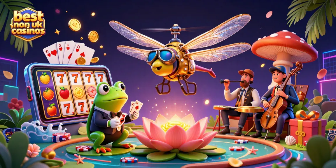 Engage with the best non UK casinos at a vibrant lily pad casino scene featuring a dragonfly pilot and frog croupier.