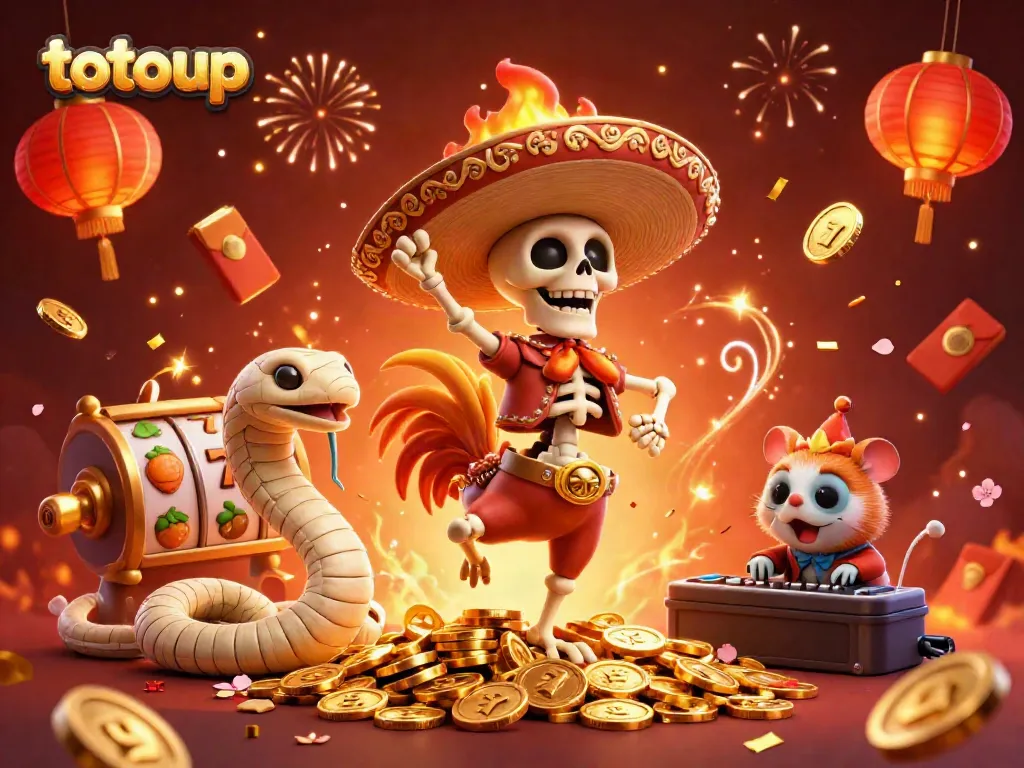 Experience the exciting world of tooup slots with a vibrant, celebratory illustration featuring cartoon characters dancing on a pile of coins.