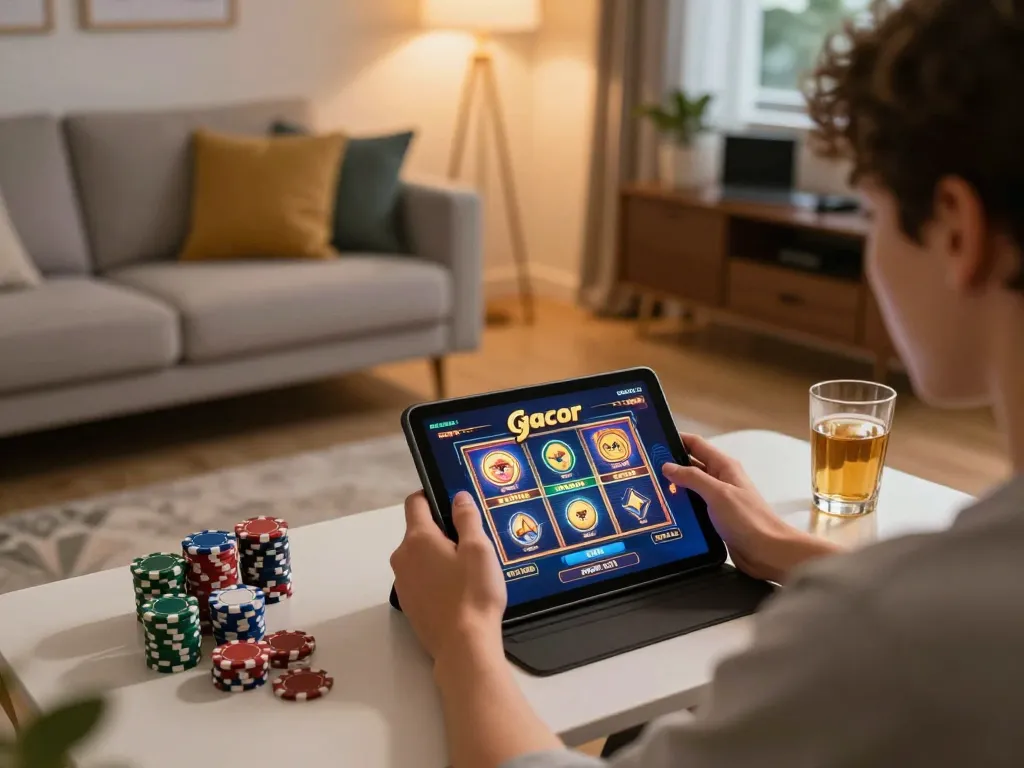 Engaging in slot gacor slots gameplay at home, dynamic gaming atmosphere.