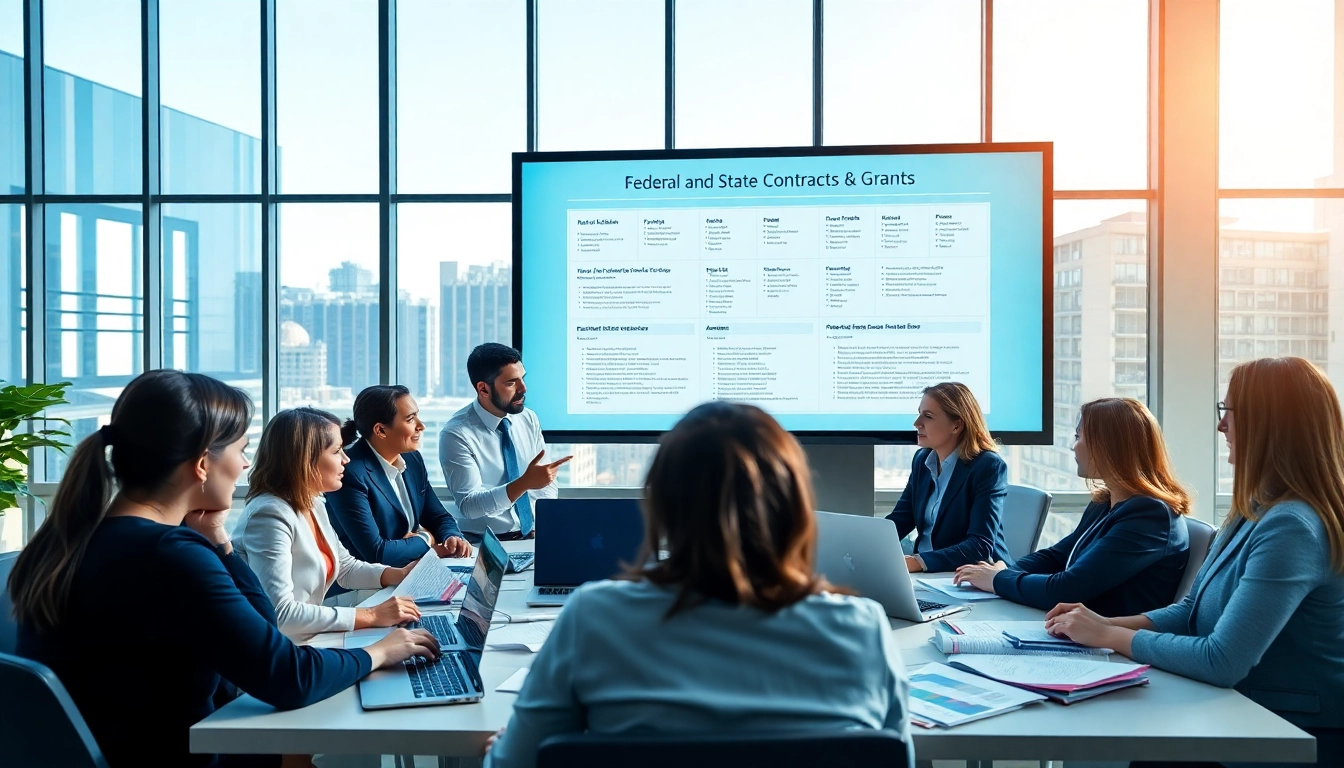 Collaborating professionals discussing Federal and State contracts and grants in a modern office.