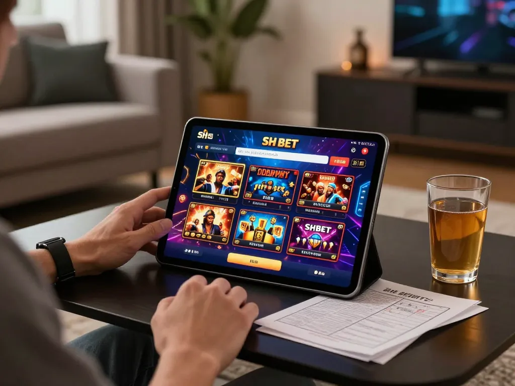 Engaging in SH Bet online casino gaming on a tablet in a stylish living room.