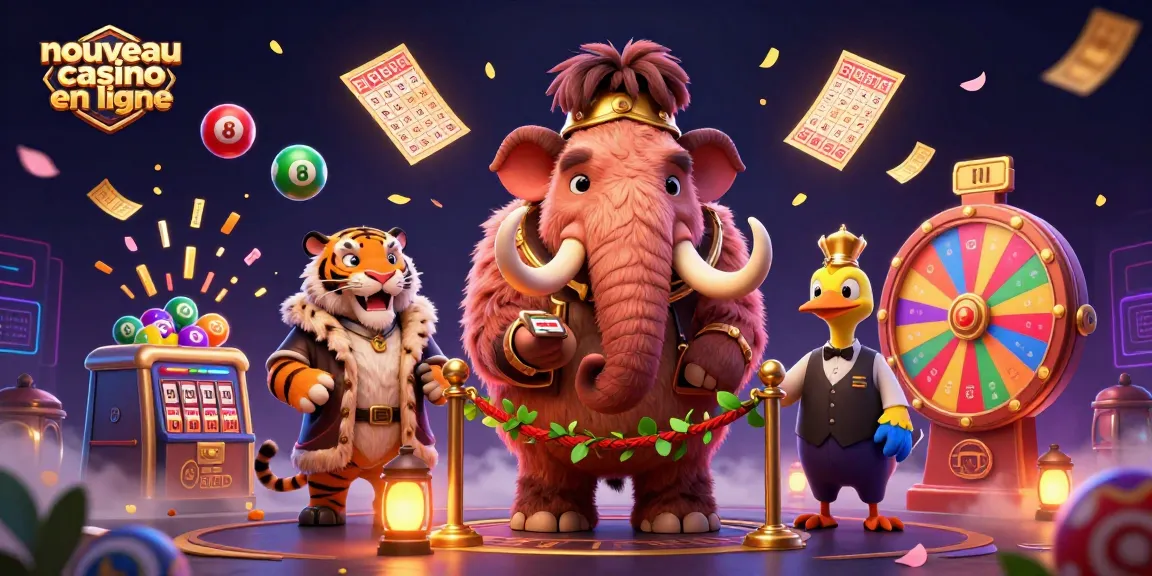 Illustration représentant un nouveau casino en ligne avec un mammouth bouncer vérifiant les identités, personnage de tigre VIP et un doorman dodo
