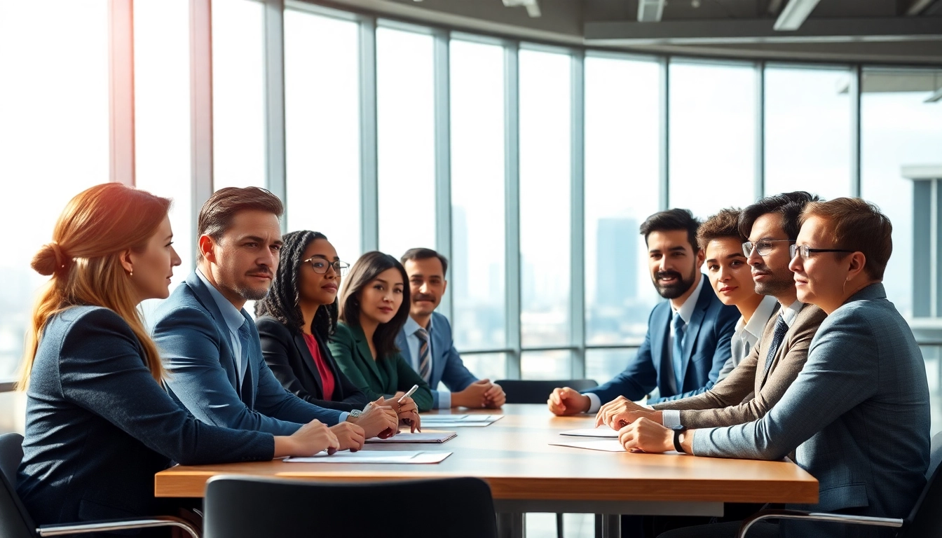 Engaged professionals discuss Corporate Ethics in a bright office setting, showcasing diversity and commitment.