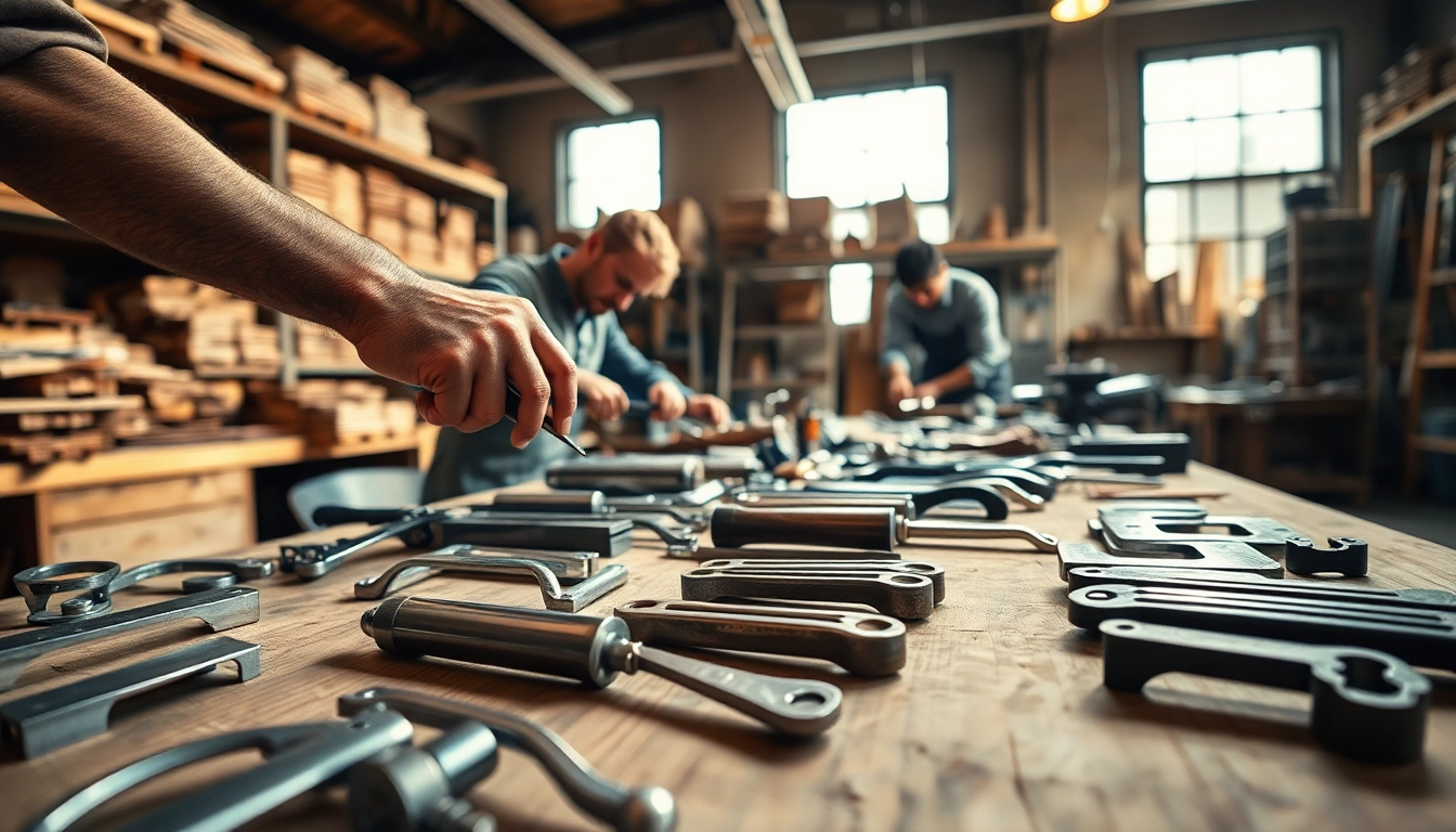 Handle Manufacturer artisans skillfully crafting premium handles in a bright workshop