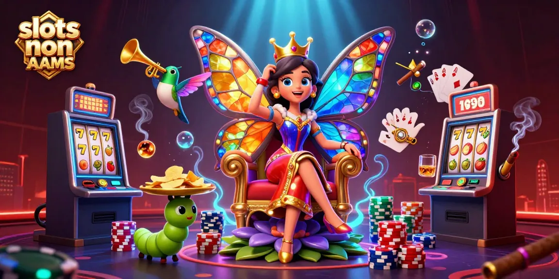 Gioca alle slot non AAMS in un'illustrazione colorata con una regina farfalla e dettagli vivaci.