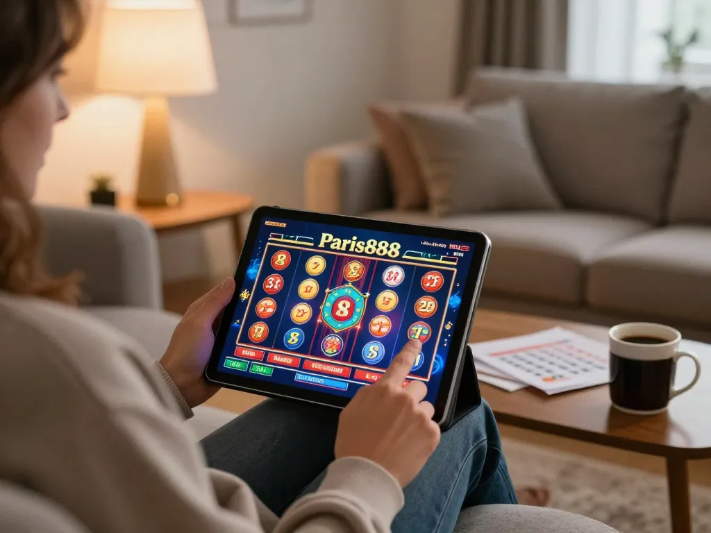 Playing immersive slot games on Paris888 in a cozy home environment with a tablet and strategy notes.