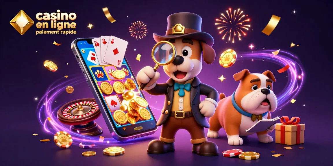 Illustration d'un détective canin examinant un jeton de poker, évoquant le casino en ligne paiement rapide.